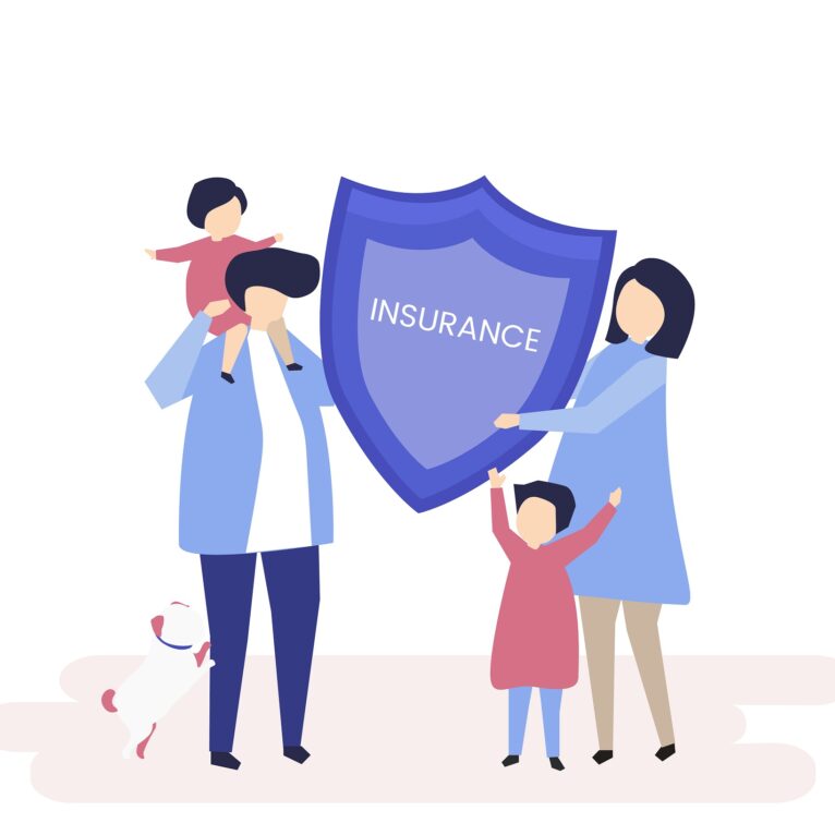 Character of a family holding an insurance illustration