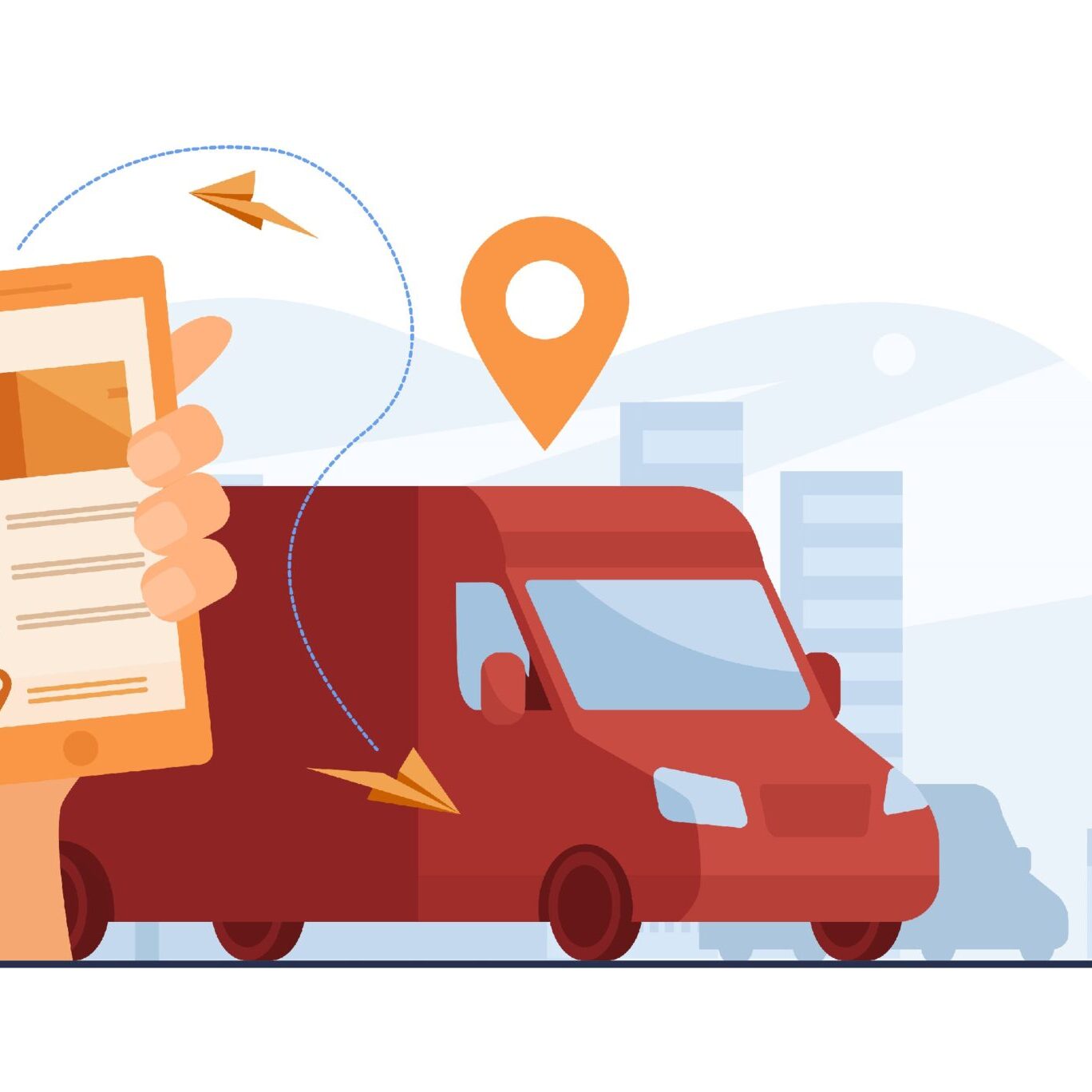 Customer using mobile app for tracking order delivery. Human hand with smartphone and courier van on street with map pointer above. Vector illustration for gps, logistics, service concept