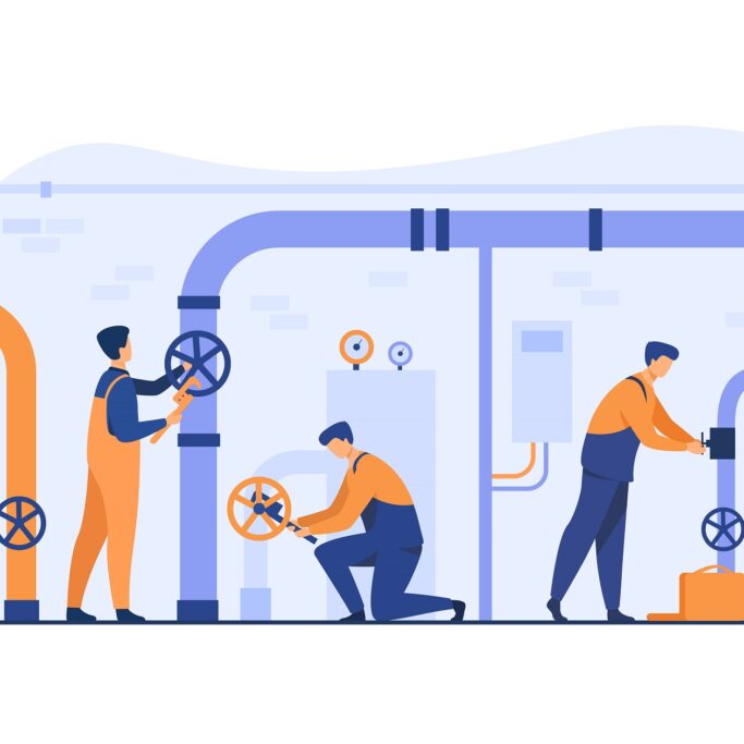 Handymen working in team and fixing leakage in boiler room flat vector illustration. Cartoon plumbers repairing pipes with tools. Flight crew and aircraft concept